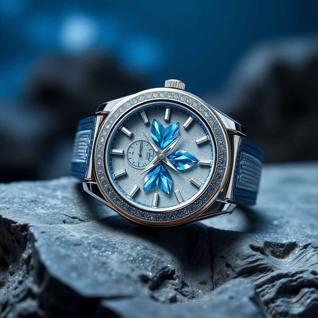 Create a male watch made of Lunar Dust,Platinum, Blue Sapphire Crystal
Design an exquisite luxury male watch, featuring an innovative case crafted from shimmering Lunar Dust and lustrous Platinum. The dial showcases striking Blue Sapphire Crystal, radiating brilliance with each light touch. Encrusted with rare gemstones, the watch combines celestial elegance with sophisticated craftsmanship, perfect for the modern connoisseur who appreciates opulence.