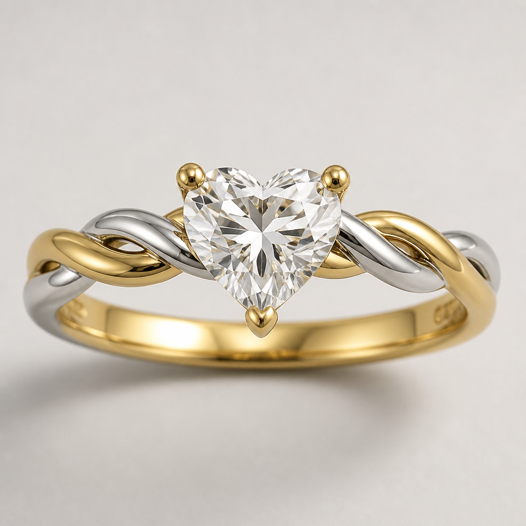 Progetta un anello con un gambo intrecciato, utilizzando un filo d’oro giallo e un filo di argento normale. Il diamante incastonato al centro deve avere una forma a cuore, fissato da un castone a quattro punte. Il diamante deve pesare 1 carato, e il design complessivo deve essere elegante e proporzionato.
photorealistic jewelry design, Progetta un anello con un gambo intrecciato, utilizzando un filo d’oro giallo e un filo di argento normale. Il diamante incastonato al centro deve avere una forma a cuore, fissato da un castone a quattro punte. Il diamante deve pesare 1 carato, e il design complessivo deve essere elegante e proporzionato., just the design no text