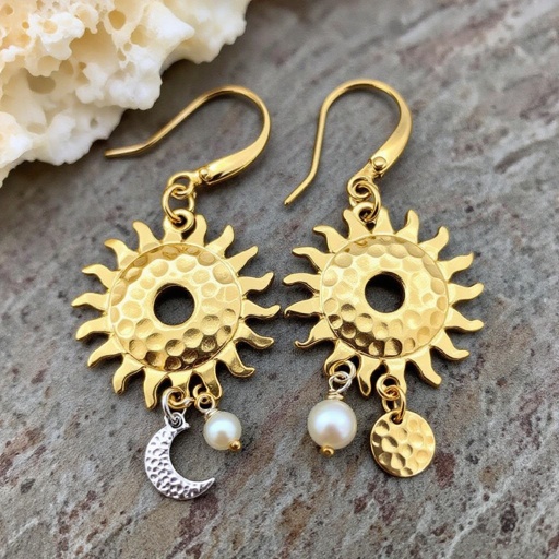 Золотые серьги словно мятое золото в форме солнца с волнистыми лучами, в центре солнца круглая дыра. крепится к застежке серьги. К нижней части солнца крепятся подвески: миниатюрная серебристая луна, очень маленький жемчуг и маленький золотой кружочек с мятым эффектом плоский