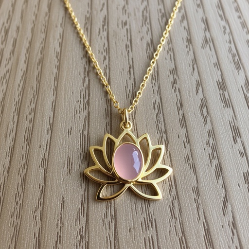 Золотая матовая цепочка. Подвеска лотос шесть лепестков. В сердце лотоса матовый розовый кварц овальный