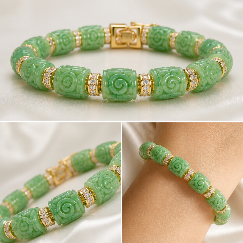 A artistic women's bracelet with diamond stones. Create a 6-inch bangle using the 12 beads shown in the attached picture. Each= bead is 9.7 millimeters long.
using the attached image as a visual reference, create A artistic women's bracelet with diamond stones. Create a 6-inch bangle using the 12 beads shown in the attached picture. Each= bead is 9.7 millimeters long.. photorealistic, just the design no text