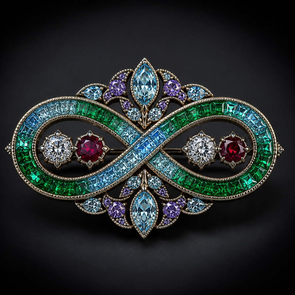 Infinity symbol with diamond and ruby in the holes of the symbol.
The infinity made up of emeralds and aquamarines.
Decorative outlining or flare using aquamarines and amethysts.
photorealistic jewelry design, Infinity symbol with diamond and ruby in the holes of the symbol.
The infinity made up of emeralds and aquamarines.
Decorative outlining or flare using aquamarines and amethysts. , vintage style, just the design no text