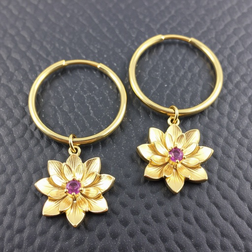Серьги кольца диаметр 14 мм, подвеска в виде золотого лотоса шестью лепестками с маленьким розовым кварцем по центру