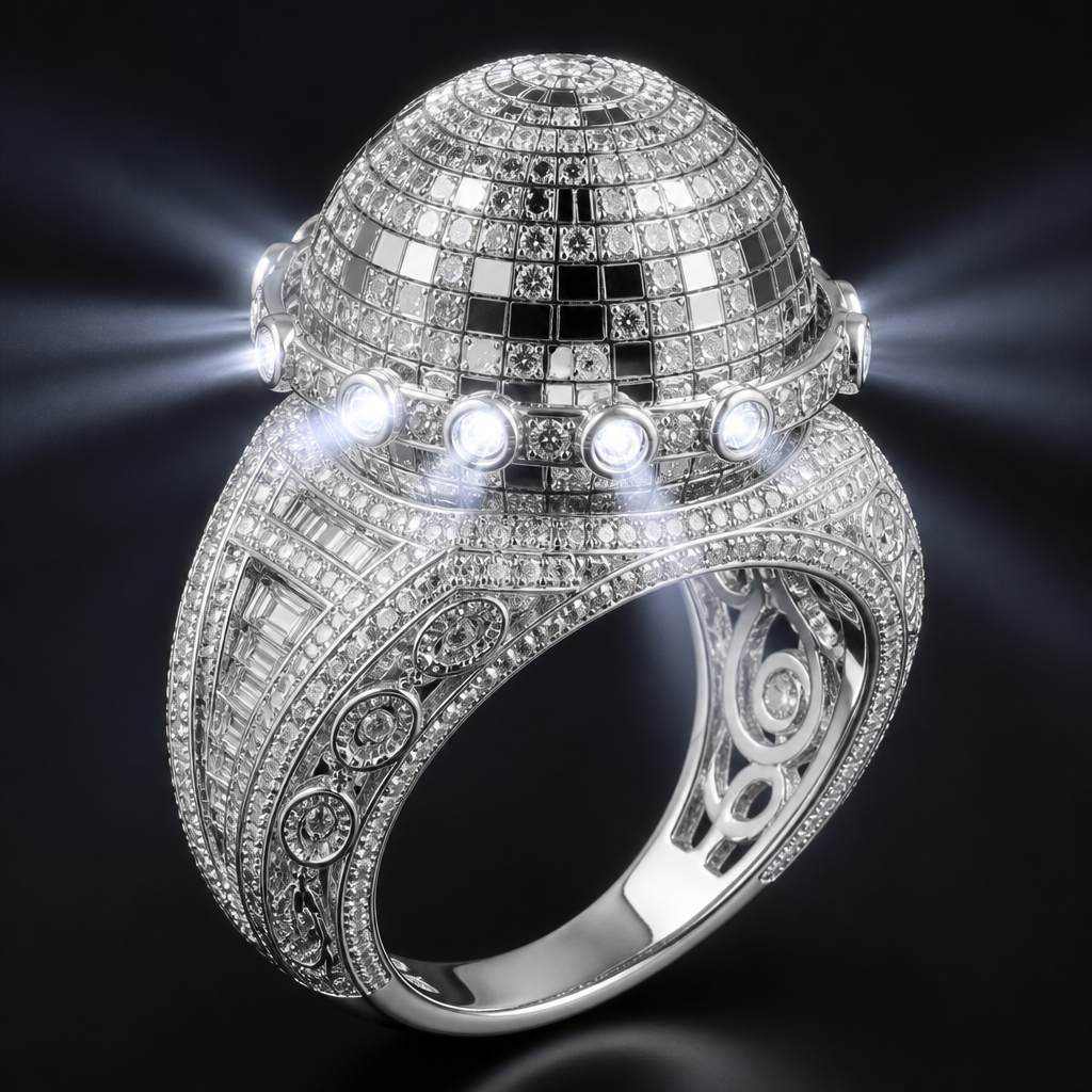 A women's ring made of white gold with diamond stones, highly ornate, intricate and elaborate, richly detailed. hazme una cubana que sea una bola de discoteca con un sistema de luces
photorealistic jewelry design, A women's ring made of white gold with diamond stones, highly ornate, intricate and elaborate, richly detailed. hazme una cubana que sea una bola de discoteca con un sistema de luces, modern style, just the design no text