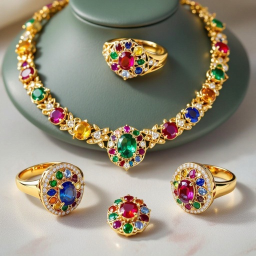 Necklace and ring and earring with luxury colorful jewel with gold