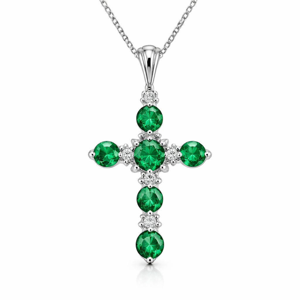 Circle cut emerald cross, white gold, simple accent diamonds, elegant and timeless