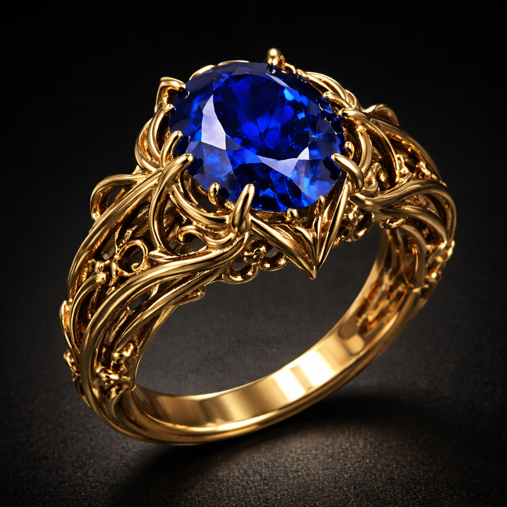 4 carat sapphire royal blue ring in any design in yellow gold only and with no additional diamonds, something sexy, provocative and bright , something for a young woman that knows what she wants and everyone envy’s her , show me picture without finger just ring