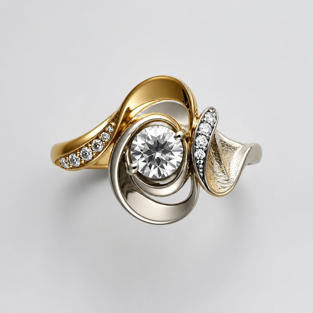 A avant-garde women's ring made of mixed metal with diamond stones suitable for festival. An extraordinary excellent beautiful delicate and elegant solitaire women ring. Face of the ring.
photorealistic jewelry design, A avant-garde women's ring made of mixed metal with diamond stones suitable for festival. An extraordinary excellent beautiful delicate and elegant solitaire women ring. Face of the ring., avant_garde style, just the design no text