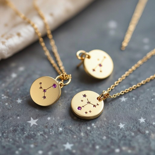 Серьги и кулон в одном стиле. Светлое матовое состаренное золото. На круге изобрежены созвездия. Очень маленькие сиреневые камушки. 