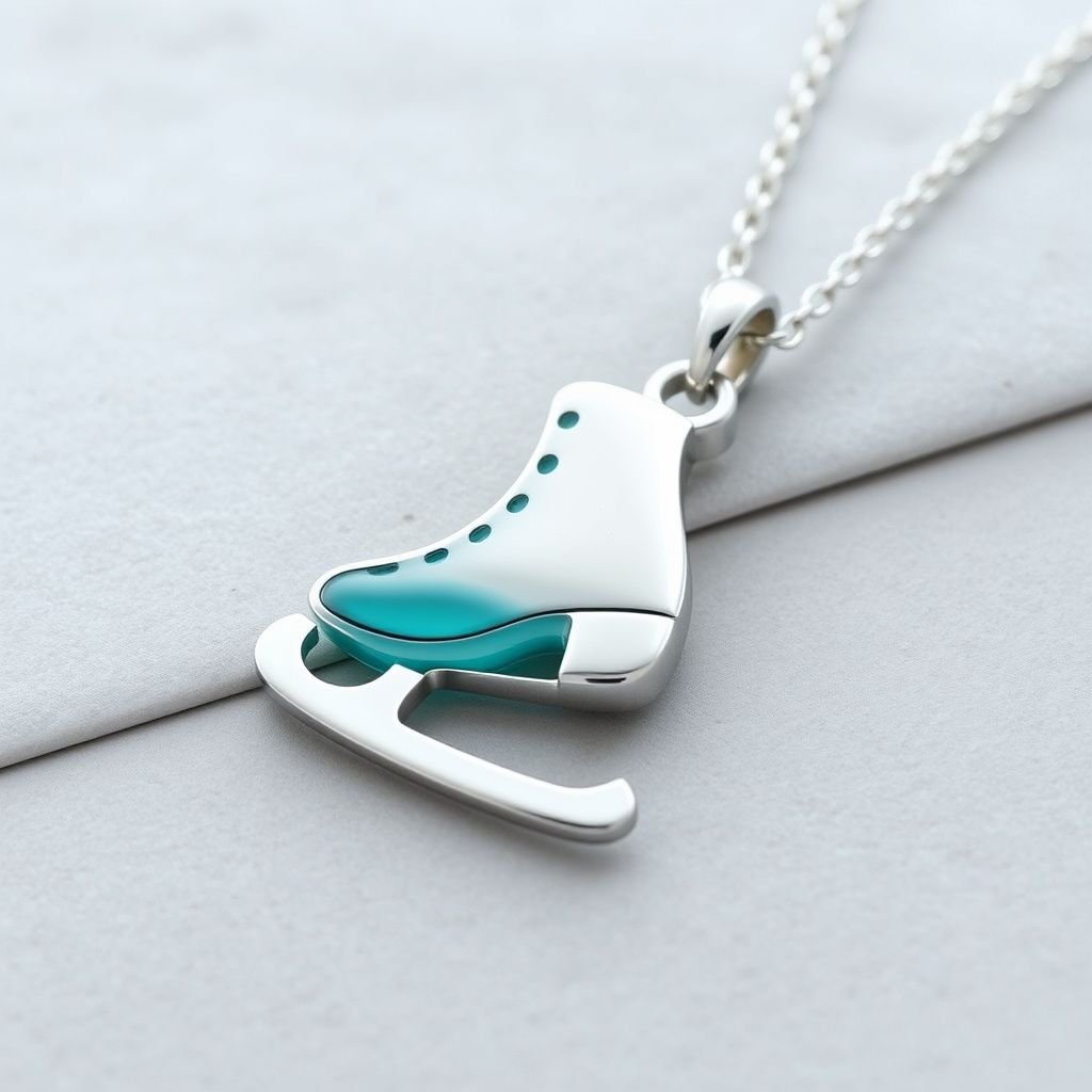 Silver Pendant shape one ice skate with turquoise stripe inside the low thin part blade