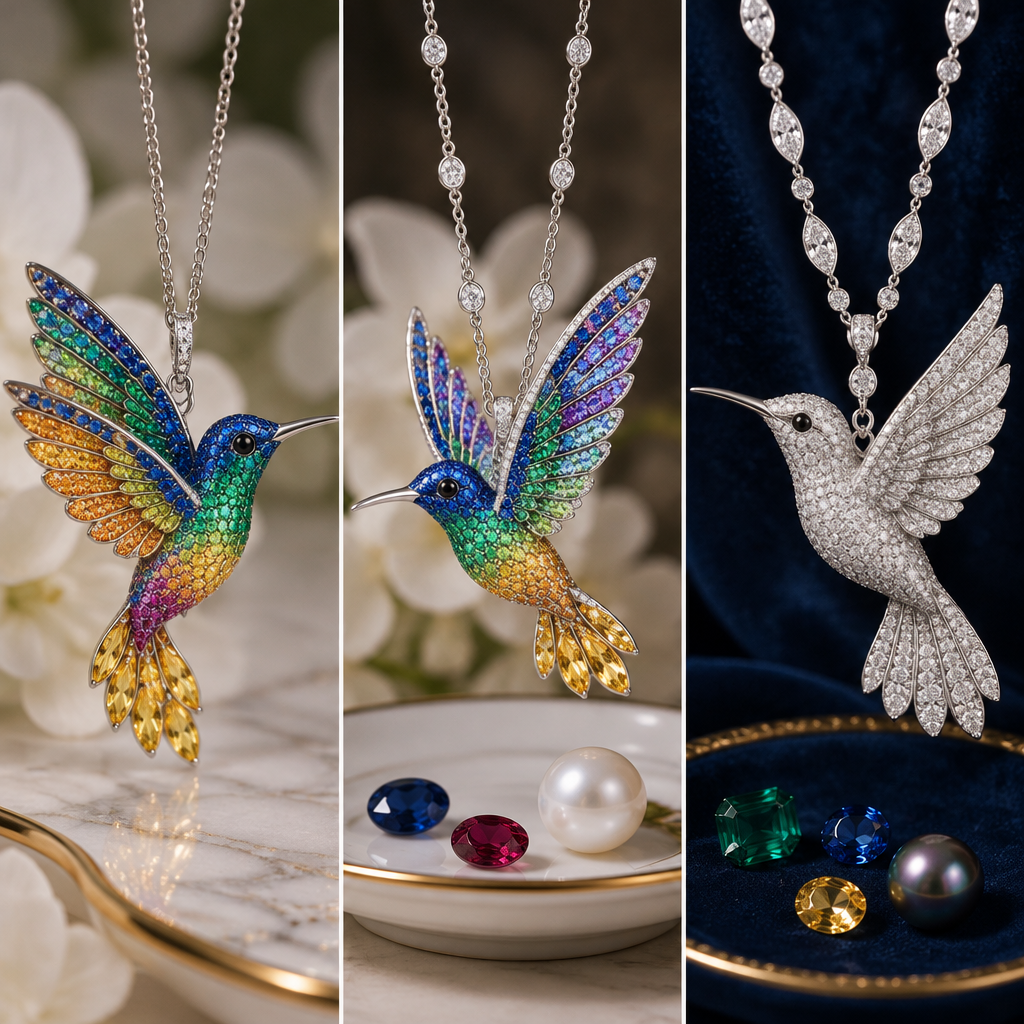Here is a detailed description of the three hummingbird pendant designs shown above:
1. The Vibrant Multi-Colored Gemstone Hummingbird
Body & Head: The head and upper back feature deep royal blue sapphires transitioning into vivid emerald green pavé along the chest and throat, mimicking the iridescent throat patch (gorget) of a natural hummingbird.
Wings: The wings are arranged in sweeping, layered tiers. The upper edges feature sapphire and emerald accents, blending down into bright yellow and orange sapphires towards the tips, set in intricate micro-paved channels.
Belly & Tail: The lower belly showcases warm golden-yellow and bright pink rubies or pink sapphires, with marquise-cut yellow gemstones forming a fan-like tail.
Setting & Details: Set in polished white gold or platinum with a black diamond eye. It hangs from a delicate white gold cable chain attached directly to a bail above the head.
2. The Elegant Jeweled Hummingbird in Flight
Composition: Displayed hovering over a porcelain saucer, captured mid-flight with dynamic, angled wings elevated high above its body.
Wings & Feathers: The wings feature distinct rows of blue sapphires, purple amethysts, emerald greens, and clear pavé diamonds along the leading edge, creating a gradient effect across each feather row.
Body & Tail: The head is set with deep cobalt blue sapphires, leading to bright green pavé across the breast and warm amber-yellow gems near the tail feathers.
Chain & Accents: Suspended from a white gold station chain featuring round bezel-cut accent diamonds set periodically along the links. Loose sapphire and ruby gemstones sit beside a pearl on the dish below for artistic context.
3. The All-Diamond High-Jewelry Hummingbird
Gemstone Focus: Crafted exclusively with brilliant-cut white diamonds set in pave across the entirety of the hummingbird's body, wings, and tail.
Wing Texture: Features fine, sculpted metal grooves and pave rows that define the individual flight feathers of the outstretched wings.
Eye & Beak: Features a single black diamond for the eye and a slender, polished platinum or white gold beak.
Chain & Presentation: Suspended from an intricate leaf-motif diamond chain with slender marquise-shaped links. The design highlights contrast against a deep navy velvet backdrop, with unmounted colorful gemstones (emerald, sapphire, ruby, yellow diamond, and a dark pearl) arranged below on a decorative dish.
Which design style appeals to you most—the vibrant multi-colored sapphires or the classic all-diamond aesthetic?
photorealistic jewelry design, Here is a detailed description of the three hummingbird pendant designs shown above:
1. The Vibrant Multi-Colored Gemstone Hummingbird
Body & Head: The head and upper back feature deep royal blue sapphires transitioning into vivid emerald green pavé along the chest and throat, mimicking the iridescent throat patch (gorget) of a natural hummingbird.
Wings: The wings are arranged in sweeping, layered tiers. The upper edges feature sapphire and emerald accents, blending down into bright yellow and orange sapphires towards the tips, set in intricate micro-paved channels.
Belly & Tail: The lower belly showcases warm golden-yellow and bright pink rubies or pink sapphires, with marquise-cut yellow gemstones forming a fan-like tail.
Setting & Details: Set in polished white gold or platinum with a black diamond eye. It hangs from a delicate white gold cable chain attached directly to a bail above the head.
2. The Elegant Jeweled Hummingbird in Flight
Composition: Displayed hovering over a porcelain saucer, captured mid-flight with dynamic, angled wings elevated high above its body.
Wings & Feathers: The wings feature distinct rows of blue sapphires, purple amethysts, emerald greens, and clear pavé diamonds along the leading edge, creating a gradient effect across each feather row.
Body & Tail: The head is set with deep cobalt blue sapphires, leading to bright green pavé across the breast and warm amber-yellow gems near the tail feathers.
Chain & Accents: Suspended from a white gold station chain featuring round bezel-cut accent diamonds set periodically along the links. Loose sapphire and ruby gemstones sit beside a pearl on the dish below for artistic context.
3. The All-Diamond High-Jewelry Hummingbird
Gemstone Focus: Crafted exclusively with brilliant-cut white diamonds set in pave across the entirety of the hummingbird's body, wings, and tail.
Wing Texture: Features fine, sculpted metal grooves and pave rows that define the individual flight feathers of the outstretched wings.
Eye & Beak: Features a single black diamond for the eye and a slender, polished platinum or white gold beak.
Chain & Presentation: Suspended from an intricate leaf-motif diamond chain with slender marquise-shaped links. The design highlights contrast against a deep navy velvet backdrop, with unmounted colorful gemstones (emerald, sapphire, ruby, yellow diamond, and a dark pearl) arranged below on a decorative dish.
Which design style appeals to you most—the vibrant multi-colored sapphires or the classic all-diamond aesthetic?, modern style, just the design no text