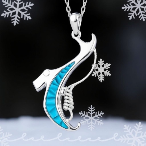 Silver pendant in the shape of ice skating blades with a turquoise stripe within the blade