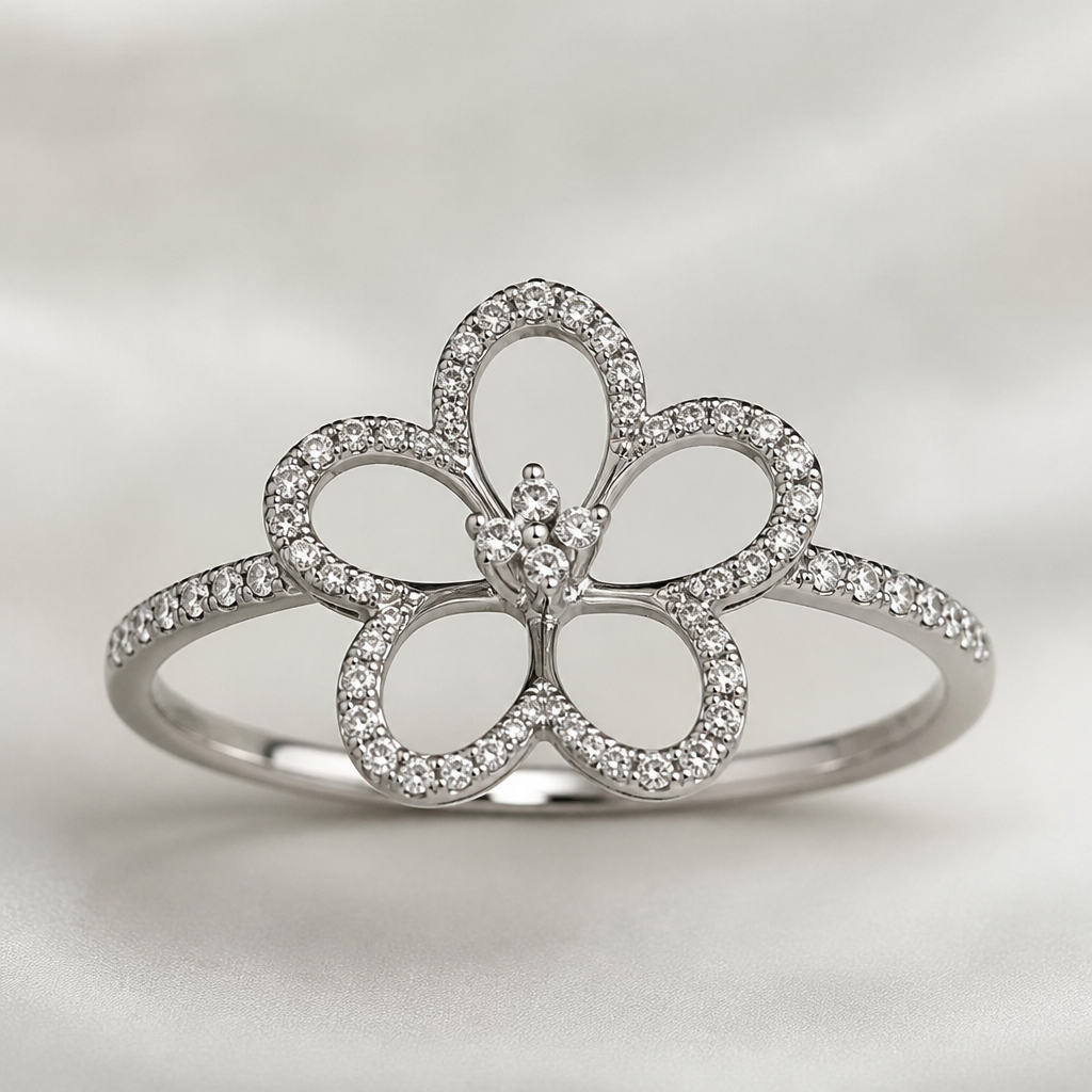 A women's ring made of silver with diamond stones. hibicus ligne fine, (diamand poutours des petales vide, toutes les petales) et delicat ,3 tres petit diamand dans le milieu au bout de la tige interieur de la fleur vide, plus detail, 5 petales chaine de chaque coté, tige qui ne depasse la fleur, minimaliste mince féminin, avec anneau pas de chaine, diamant sur lanneau
photorealistic jewelry design, A women's ring made of silver with diamond stones. hibicus ligne fine, (diamand poutours des petales vide, toutes les petales) et delicat ,3 tres petit diamand dans le milieu au bout de la tige interieur de la fleur vide, plus detail, 5 petales chaine de chaque coté, tige qui ne depasse la fleur, minimaliste mince féminin, avec anneau pas de chaine, diamant sur lanneau, modern style, just the design no text