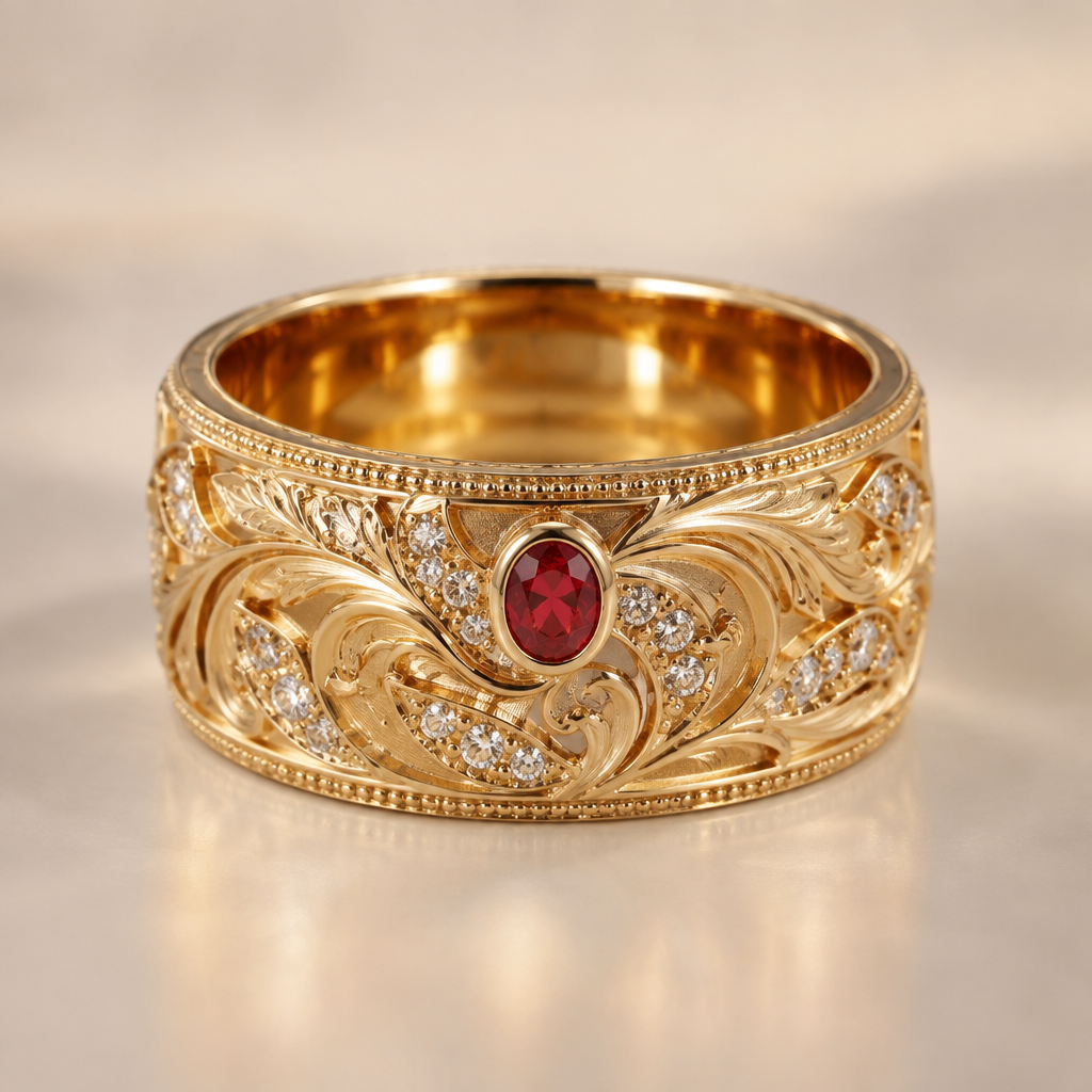 A gold women's ring made of gold with diamond and ruby stones suitable for wedding. thick gold wedding band engraved, with small diamonds and one ruby
photorealistic jewelry design, A gold women's ring made of gold with diamond and ruby stones suitable for wedding. thick gold wedding band engraved, with small diamonds and one ruby, gold style, just the design no text