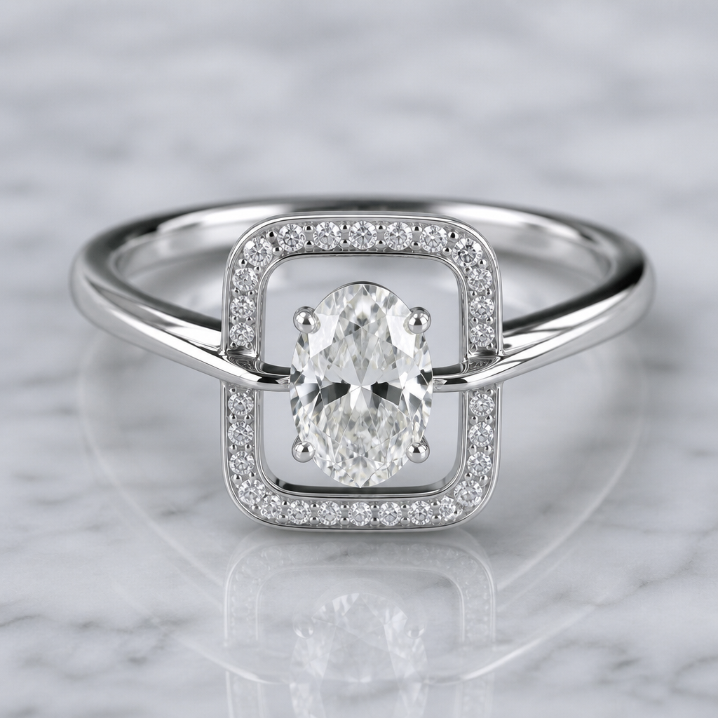 A women's ring made of silver with diamond stones. bague sertie d'un diamant oval, à l'intérieur du carré feminin travaillé et delicat, minimaliste
photorealistic jewelry design, A women's ring made of silver with diamond stones. bague sertie d'un diamant oval, à l'intérieur du carré feminin travaillé et delicat, minimaliste, modern style, just the design no text