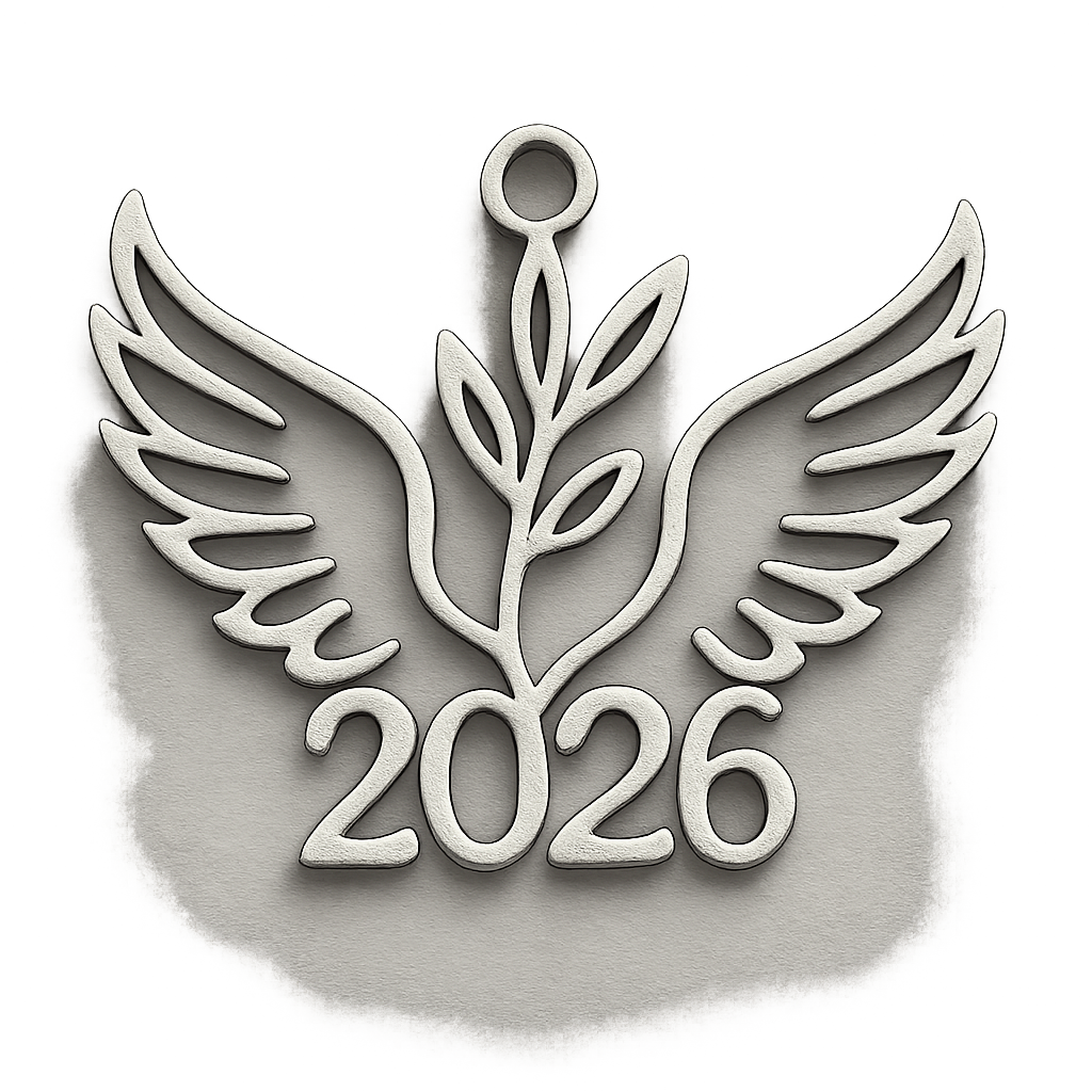 Silver cut-out charm only with  two spread out bird wings, an olive branch and  along year 2026