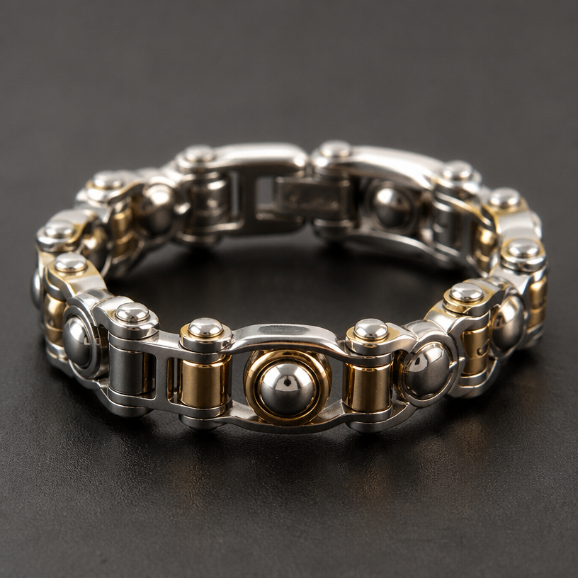A industrial women's ring made of mixed metal suitable for formal. 鋼製手鏈
using the attached image as a visual reference, create A industrial women's ring made of mixed metal suitable for formal. 鋼製手鏈. photorealistic, just the design no text