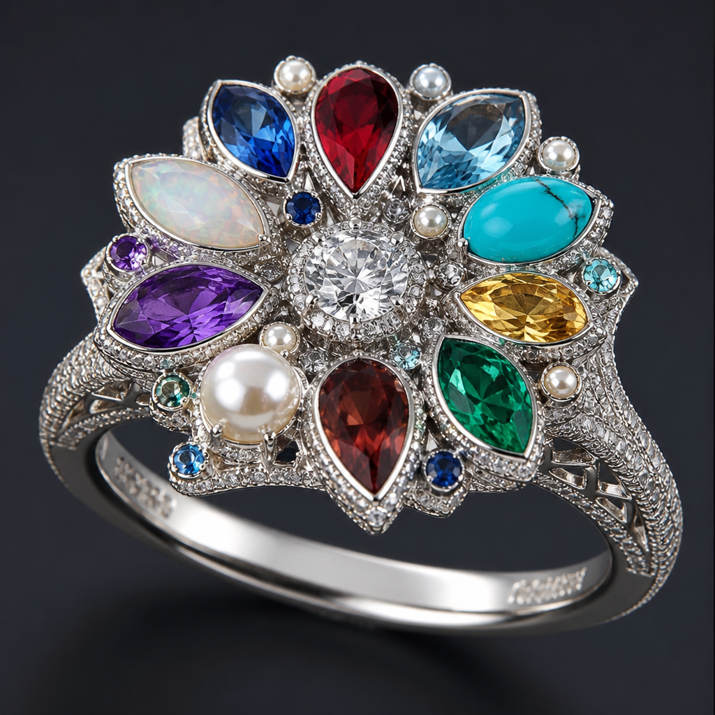 A women's ring made of platinum with diamond and ruby and sapphire and opal and amethyst and pearl and emerald and garnet and aquamarine and turquoise and topaz stones. **Pavé:** Tiny diamonds set closely together, creating a continuous sparkle that enhances the center 𝕤𝕥𝕠𝕟𝕖
photorealistic jewelry design, A women's ring made of platinum with diamond and ruby and sapphire and opal and amethyst and pearl and emerald and garnet and aquamarine and turquoise and topaz stones. **Pavé:** Tiny diamonds set closely together, creating a continuous sparkle that enhances the center 𝕤𝕥𝕠𝕟𝕖, modern style, just the design no text