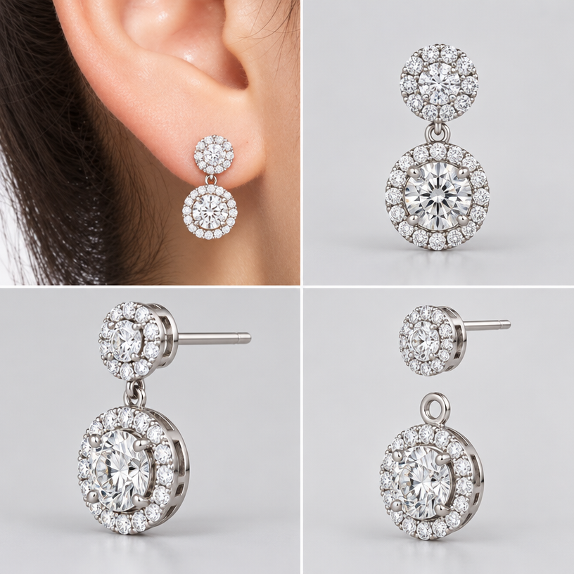 A women's earrings. แก้ไขเฉพาะส่วนของต่างหูชิ้นล่างที่อยู่ภายในวงกลมสีแดงในภาพต้นฉบับ โดยปรับรูปแบบการประดับเพชรให้เป็น เพชรเม็ดเดี่ยวล้อม 1 ชุด (Single Center Stone with One Halo) โดยมีเพชรเม็ดกลาง 1 เม็ด และมีเพชรเม็ดเล็กเรียงล้อมรอบเพชรเม็ดกลางเพียง 1 ชั้นอย่างสมมาตร ให้มีรูปทรงและสัดส่วนสวยงาม ดูหรูหราและสามารถผลิตเป็นเครื่องประดับจริงได้, 4view, ถอดได้เป็นส่วนๆ
using the attached image as a visual reference, create A women's earrings. แก้ไขเฉพาะส่วนของต่างหูชิ้นล่างที่อยู่ภายในวงกลมสีแดงในภาพต้นฉบับ โดยปรับรูปแบบการประดับเพชรให้เป็น เพชรเม็ดเดี่ยวล้อม 1 ชุด (Single Center Stone with One Halo) โดยมีเพชรเม็ดกลาง 1 เม็ด และมีเพชรเม็ดเล็กเรียงล้อมรอบเพชรเม็ดกลางเพียง 1 ชั้นอย่างสมมาตร ให้มีรูปทรงและสัดส่วนสวยงาม ดูหรูหราและสามารถผลิตเป็นเครื่องประดับจริงได้, 4view, ถอดได้เป็นส่วนๆ. photorealistic, just the design no text