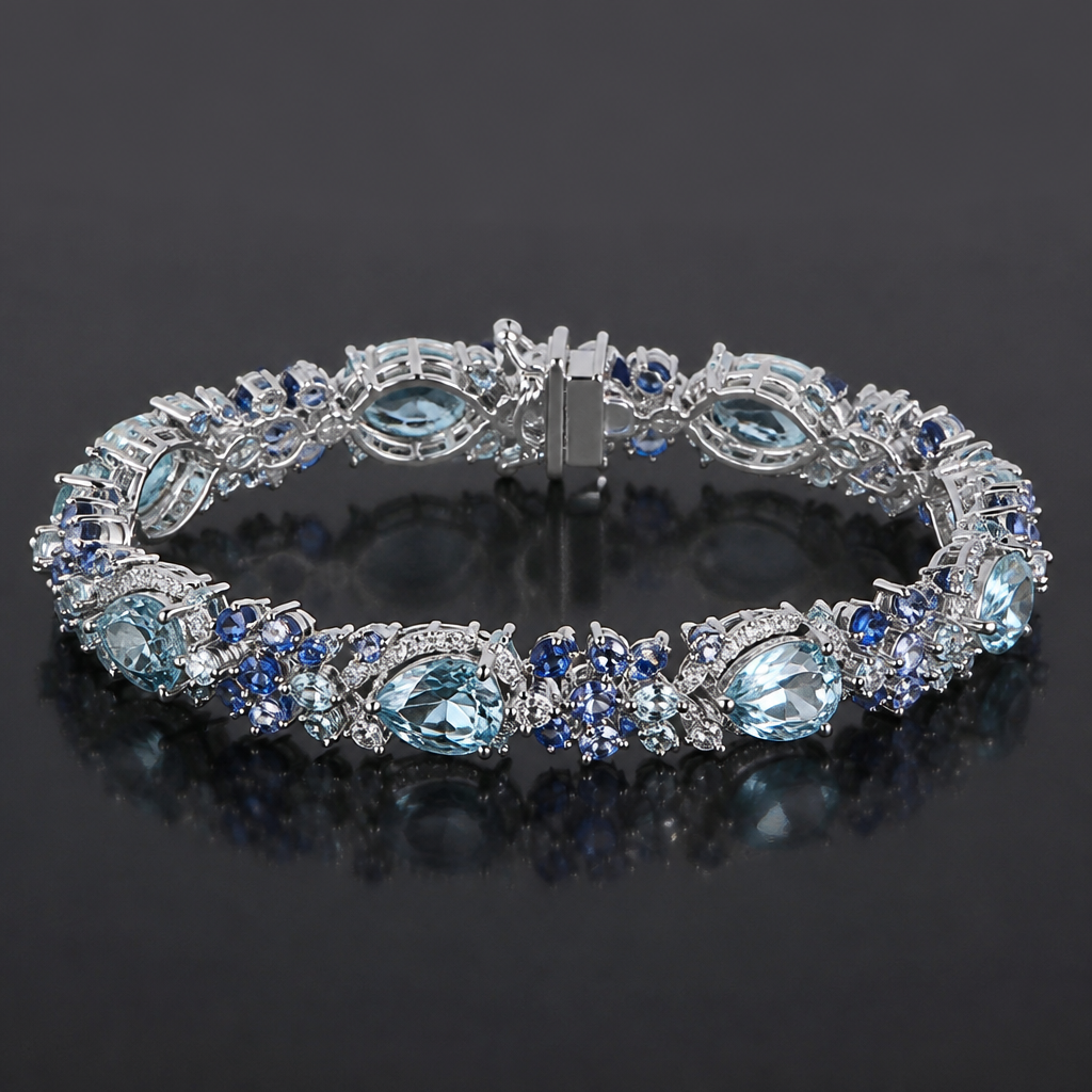A eternity women's bracelet made of silver with aquamarine and sapphire stones suitable for formal, highly ornate, intricate and elaborate, richly detailed. sencilo y delicado
photorealistic jewelry design, A eternity women's bracelet made of silver with aquamarine and sapphire stones suitable for formal, highly ornate, intricate and elaborate, richly detailed. sencilo y delicado, eternity style, just the design no text