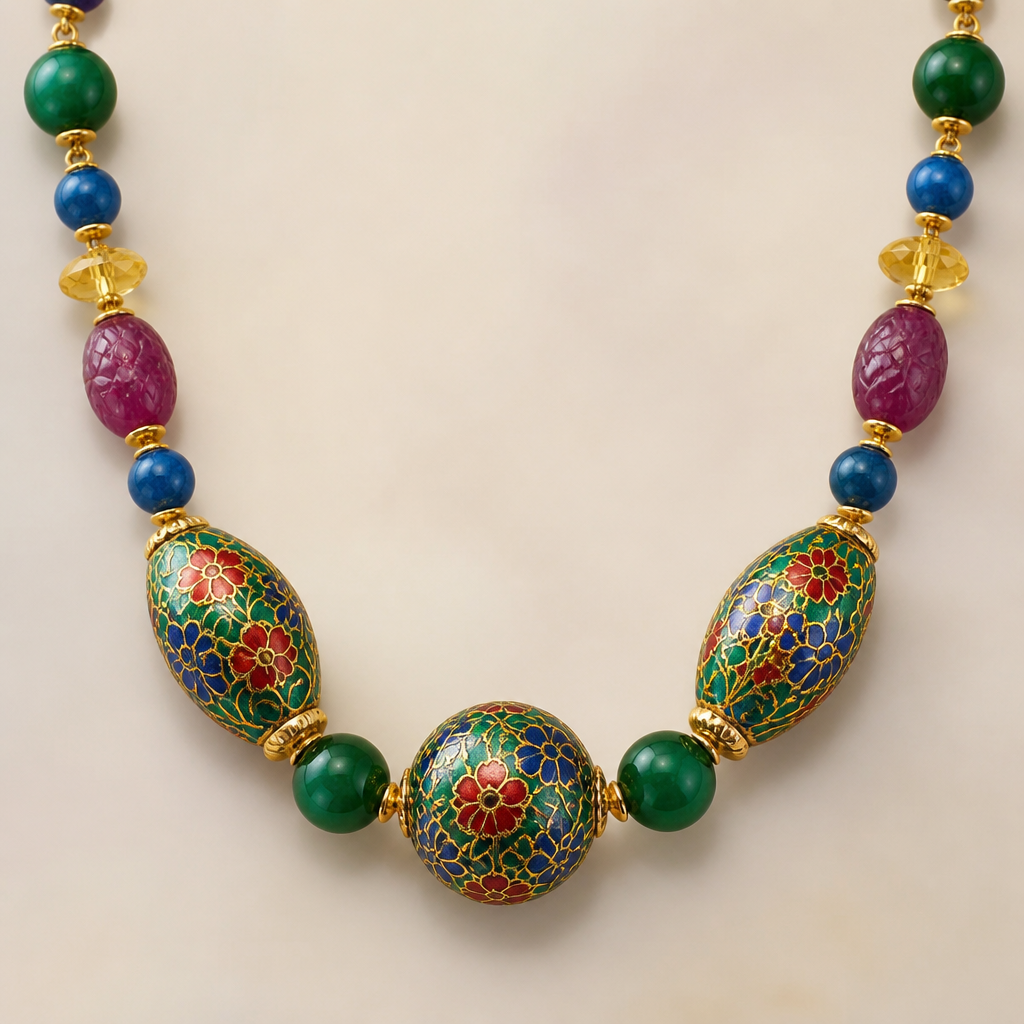 "Large cloisonne center bead 20mm round gold green red blue, two egg shapped cloisonne 25mm x 15 gold green red blue, round 15mm emerald green beads, carved rough cut ruby egg shapped 14mm x 10mm beads, blue apatite 8mm round beads, faceted rondel shapped citrine 8mm x 5mm, gold findings " necklace
photorealistic jewelry design, "Large cloisonne center bead 20mm round gold green red blue, two egg shapped cloisonne 25mm x 15 gold green red blue, round 15mm emerald green beads, carved rough cut ruby egg shapped 14mm x 10mm beads, blue apatite 8mm round beads, faceted rondel shapped citrine 8mm x 5mm, gold findings " necklace , nature_inspired style, just the design no text