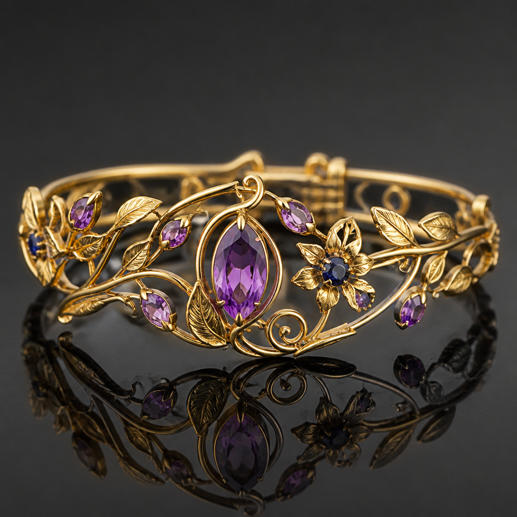 A art nouveau women's bracelet made of gold with amethyst and sapphire stones suitable for formal, highly ornate, intricate and elaborate, richly detailed. sencillo y delicado pero con pequeñas ramitas
photorealistic jewelry design, A art nouveau women's bracelet made of gold with amethyst and sapphire stones suitable for formal, highly ornate, intricate and elaborate, richly detailed. sencillo y delicado pero con pequeñas ramitas, art_nouveau style, just the design no text