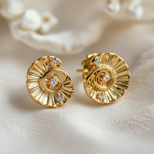 Золотые серьги в виде золотой спиральной ракушки украшенной тремя маленькими камнями 