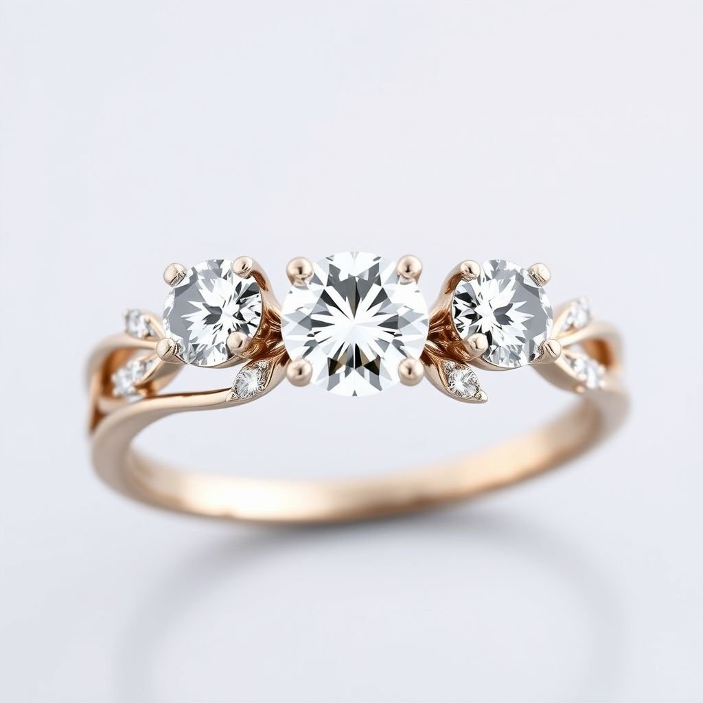 Engagement ring with 3 round stones that is nature inspired with vines in the band and little marquis diamonds in between the gaps of the vines with a unique asymmetrical design mirrored on either side.
Design a modern engagement ring featuring three mesmerizing round stones, symbolizing love's journey. The band, inspired by nature, elegantly intertwines with delicate vine motifs, while shimmering marquis diamonds fill the spaces, enhancing its allure. Emphasize an innovative asymmetrical design that harmoniously mirrors on each side, epitomizing contemporary elegance and organic beauty.