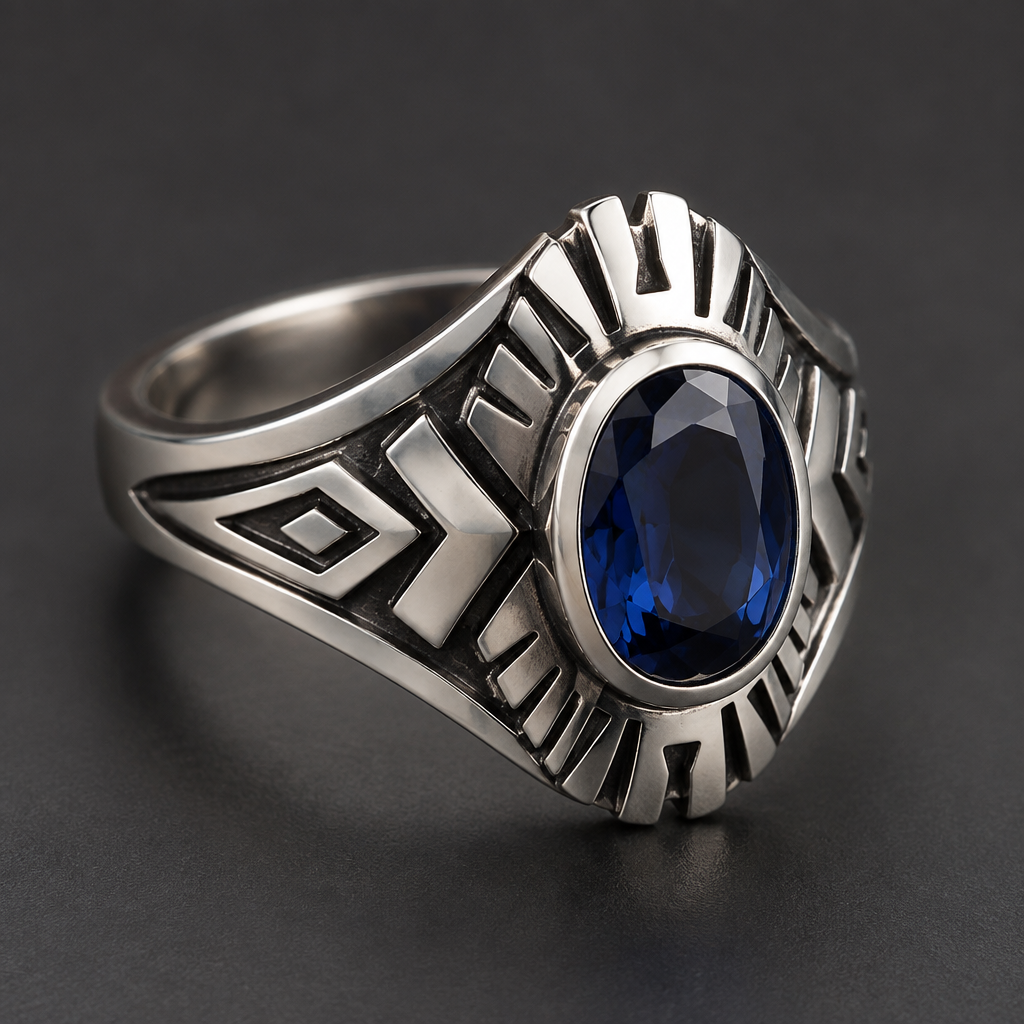A women's ring. silver ring with a blue sapphire, dark noir, native American.
photorealistic jewelry design, A women's ring. silver ring with a blue sapphire, dark noir, native American., modern style, just the design no text