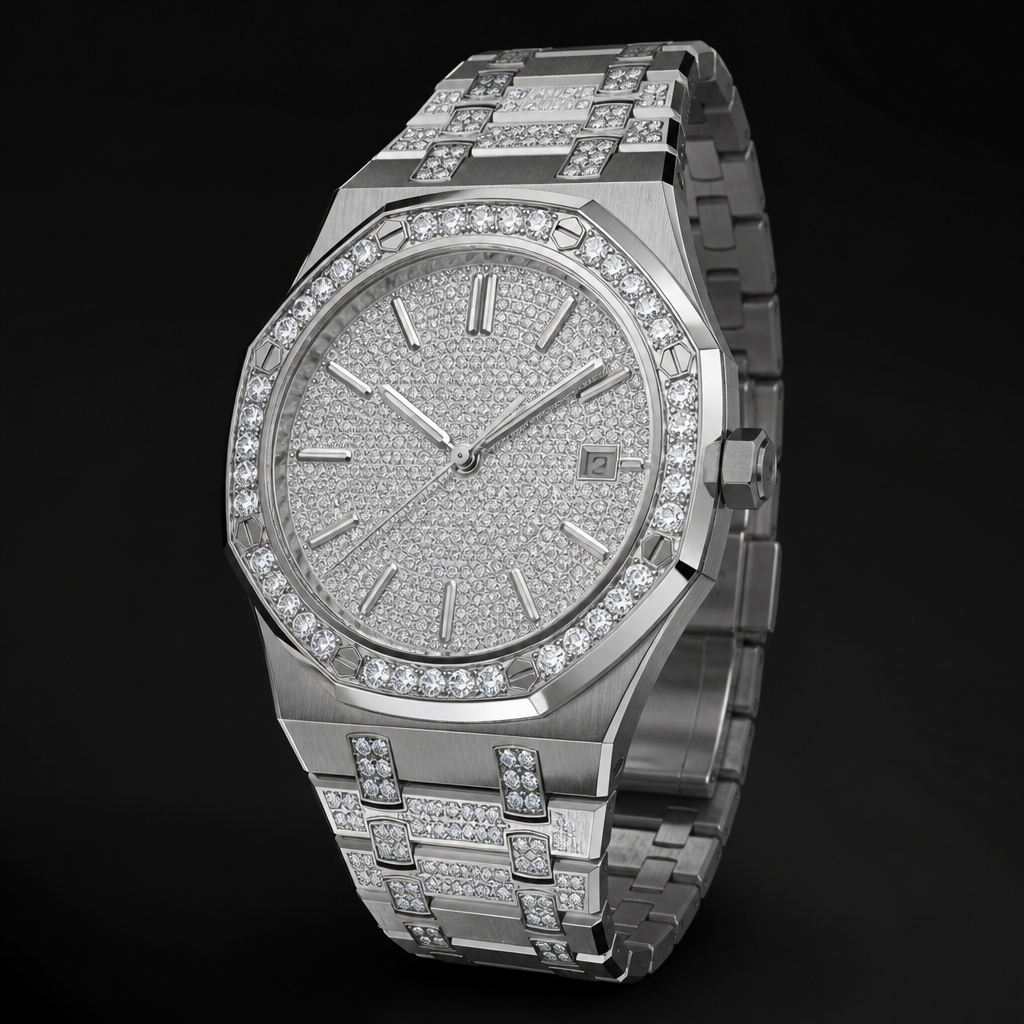 A modern women's watch made of titanium. men ap with moissanite stone
photorealistic jewelry design, A modern women's watch made of titanium. men ap with moissanite stone, modern style, just the design no text