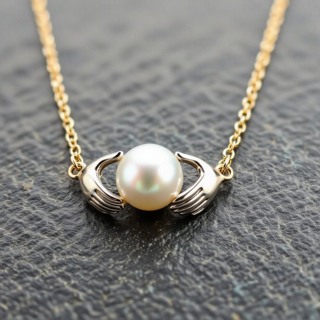 Украшение на шею золотая цепочка с подвеской в виде двух ладоней которые держат жемчужину по центру