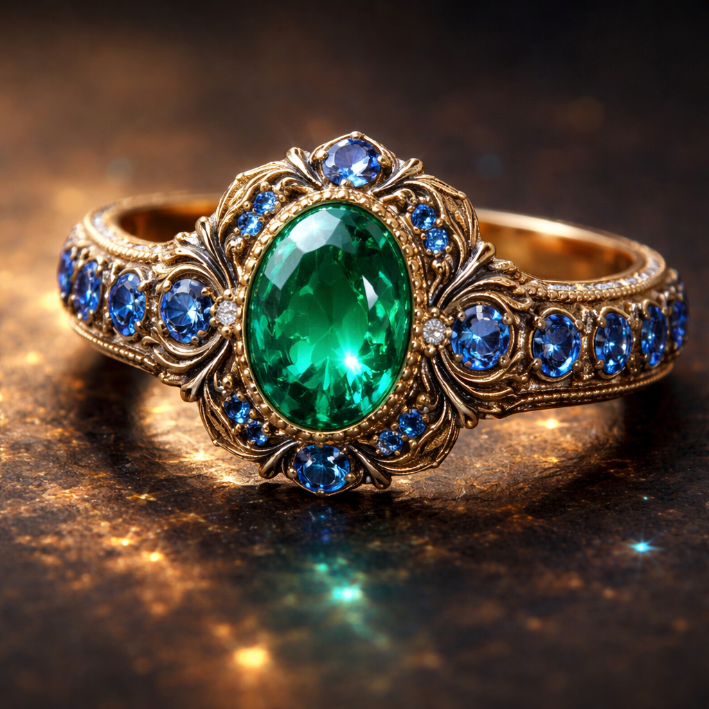 Magical golden band ring with blue sapphire around it and a emerald in the middle
Magical golden band ring with blue sapphire around it and a emerald in the middle , fantasy style