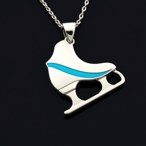 Silver pendant in the shape of ice skating blades with a turquoise stripe within the blade