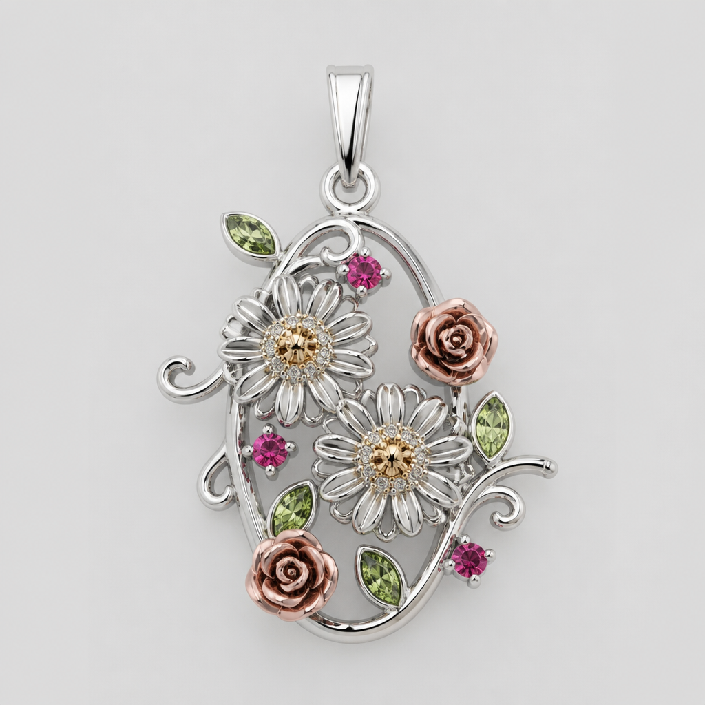 "pendant with two small daisy designs with tiny diamonds and tiny ruby 15th, peridot tiny leaves and roses and the name "hsin" in silver setting"
photorealistic jewelry design, "pendant with two small daisy designs with tiny diamonds and tiny ruby 15th, peridot tiny leaves and roses and the name "hsin" in silver setting", just the design no text