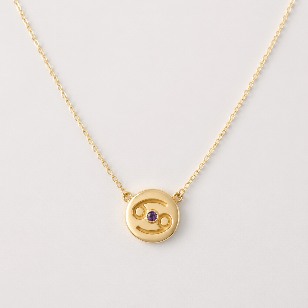 A minimalist women's necklace made of gold with amethyst stones suitable for daily wear. um colar com fio dourado, ouro, a joia em um circulo pequeno cheio , cravado em si o signo de carangueijo contendo no seu centro um estilhaço pequeno de amethyst. um fio elegante, discreto, com um toque de charme e delicado
photorealistic jewelry design, A minimalist women's necklace made of gold with amethyst stones suitable for daily wear. um colar com fio dourado, ouro, a joia em um circulo pequeno cheio , cravado em si o signo de carangueijo contendo no seu centro um estilhaço pequeno de amethyst. um fio elegante, discreto, com um toque de charme e delicado, minimalist style, just the design no text