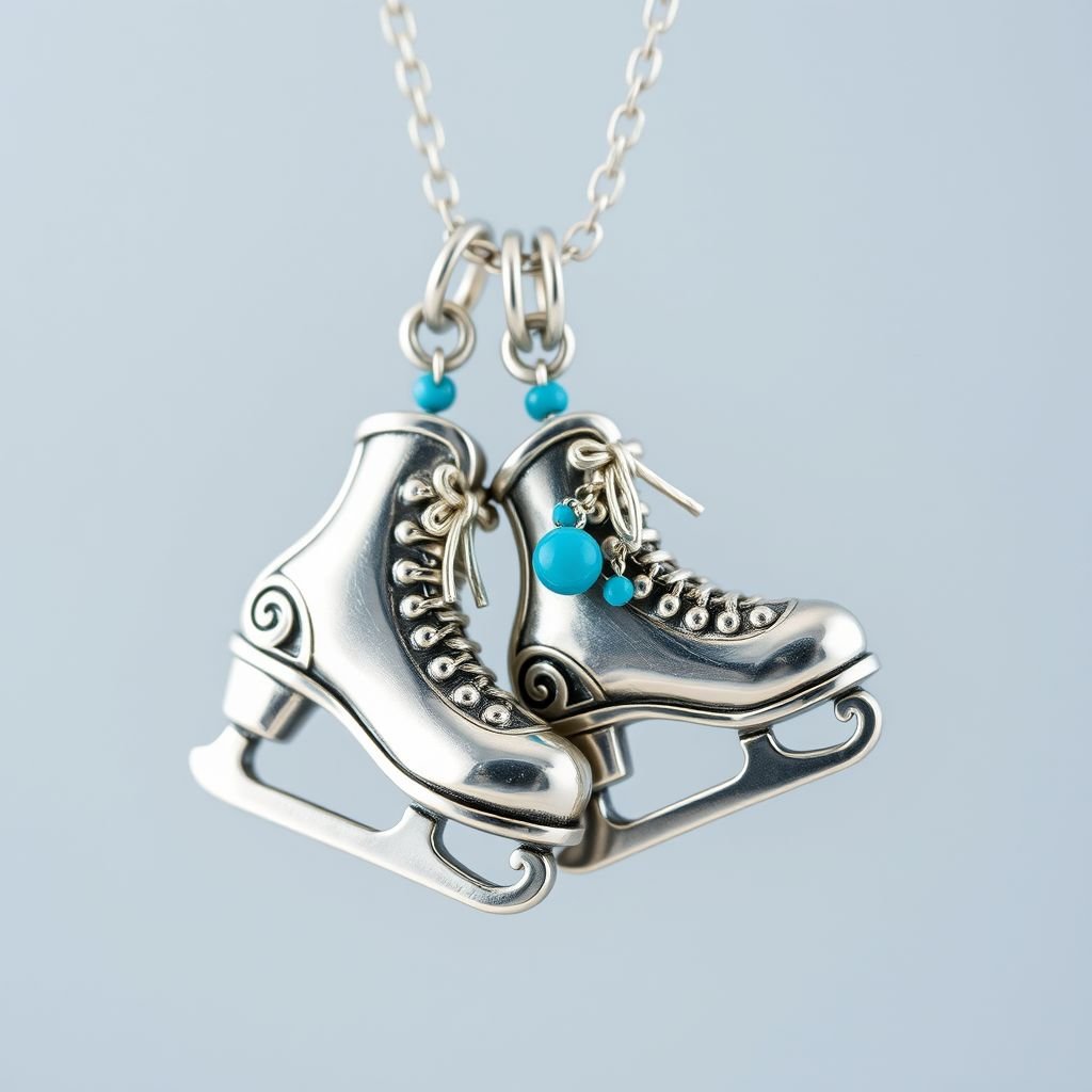 Pendant silver with stylized ice figure skating skates. Remove boots and leave only lowest part of skates. Add turquoise