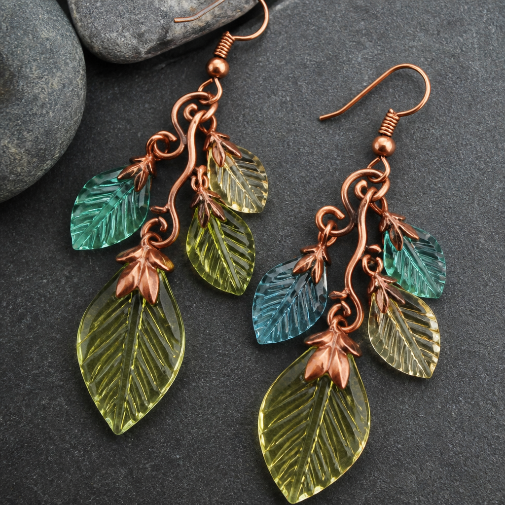 Acrylic leaf beads with copper findings whimsical
photorealistic jewelry design, Acrylic leaf beads with copper findings whimsical , nature_inspired style, just the design no text