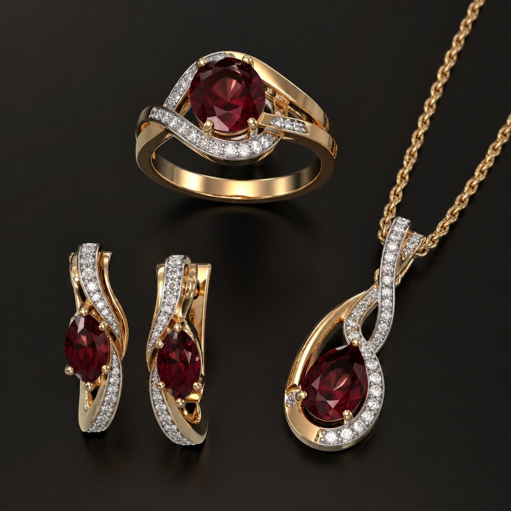 A modern women's ring made of gold with diamond and garnet stones suitable for formal. classic, elegant, luxious ring,.earings and necklace with modernzied design.
photorealistic jewelry design, A modern women's ring made of gold with diamond and garnet stones suitable for formal. classic, elegant, luxious ring,.earings and necklace with modernzied design., modern style, just the design no text