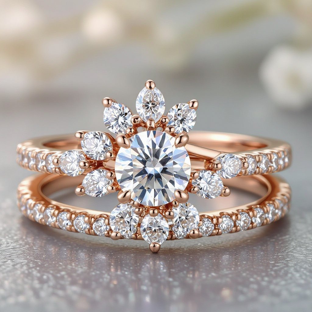  ⸻  Engagement Ring Design Concept  Band & Setting: 	•	A bypass-style band in light rose gold (slightly softer and paler than the typical rose gold). 	•	The band curves upward from both sides, gently twisting around the center diamond. 	•	The band is pavé-set with small round diamonds, following the bypass curves to add sparkle and continuity.  Center Stone: 	•	A round brilliant-cut diamond, prong set, elevated slightly so that the cluster and bypass elements flow around it. 	•	Size is proportionally the main focus, balanced with the surrounding cluster.  Cluster Arrangement (asymmetrical): 	•	On one side of the center stone: 	•	A cluster of pear- and marquise-shaped diamonds, fanned out asymmetrically, creating a floral or wing-like effect. 	•	Several smaller round accent diamonds fill the gaps for extra brilliance. 	•	On the opposite side of the center stone: 	•	The bypass band itself acts as the balancing feature, with its pavé diamonds continuing upward, so the cluster feels more concentrated on one side. 	•	To subtly echo the asymmetry, a couple of tiny round diamonds (smaller than the cluster side) are tucked near the base of the prongs, blending into the bypass design.  Overall Look: 	•	The bypass band gives the design movement and flow, while the asymmetrical cluster introduces a unique, organic sparkle. 	•	From the top view, the ring looks like the center diamond is being cradled by a swirl of diamonds on one side and a curving, sparkling band on the other. 	•	From the side view, the cluster adds dimension and height, while the bypass band wraps gracefully toward the setting.  ⸻  ✨ The result is romantic, elegant, and one-of-a-kind, combining the structured modern feel of the bypass with the whimsical sparkle of an asymmetrical cluster.