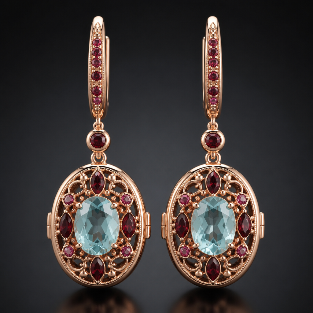 A locket women's earrings made of rose gold with aquamarine and garnet and ruby stones suitable for formal
photorealistic jewelry design, A locket women's earrings made of rose gold with aquamarine and garnet and ruby stones suitable for formal, locket style, just the design no text