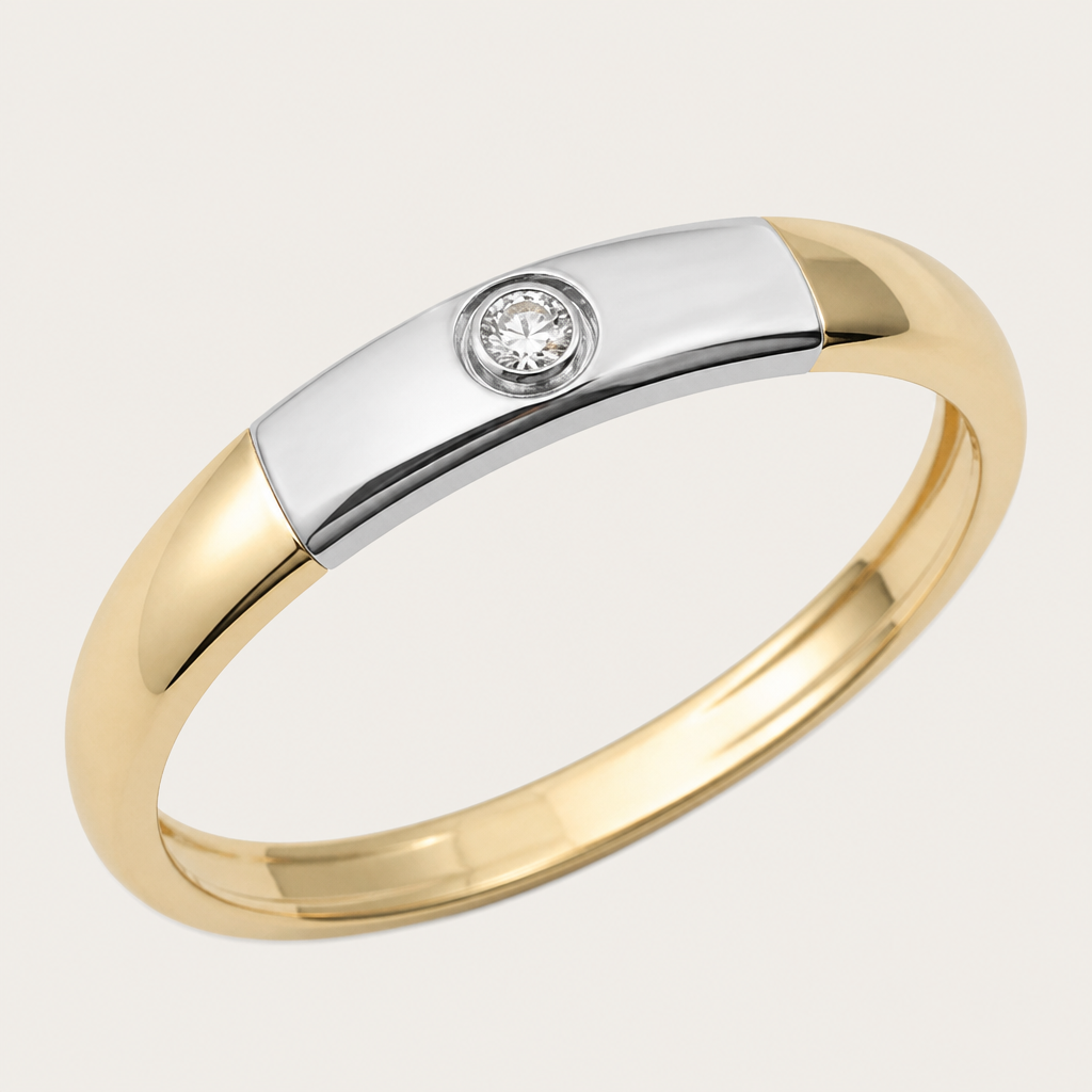 A minimalist women's ring made of mixed metal with diamond stones suitable for engagement. tengo un anillo de oro y en la parte de arriba quiero ponerle algún metal como oro o plata engarzado un brillantito
photorealistic jewelry design, A minimalist women's ring made of mixed metal with diamond stones suitable for engagement. tengo un anillo de oro y en la parte de arriba quiero ponerle algún metal como oro o plata engarzado un brillantito, minimalist style, just the design no text