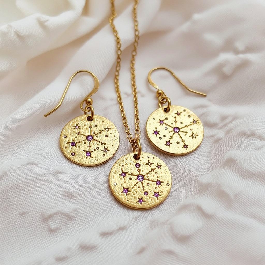 Серьги и кулон в одном стиле. Светлое матовое состаренное мятое золото. На круге изобрежены созвездия. Очень маленькие сиреневые камушки. 