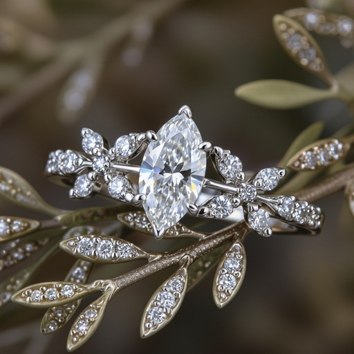 marquise diamond with the whole band in shape of silver Olive branch.