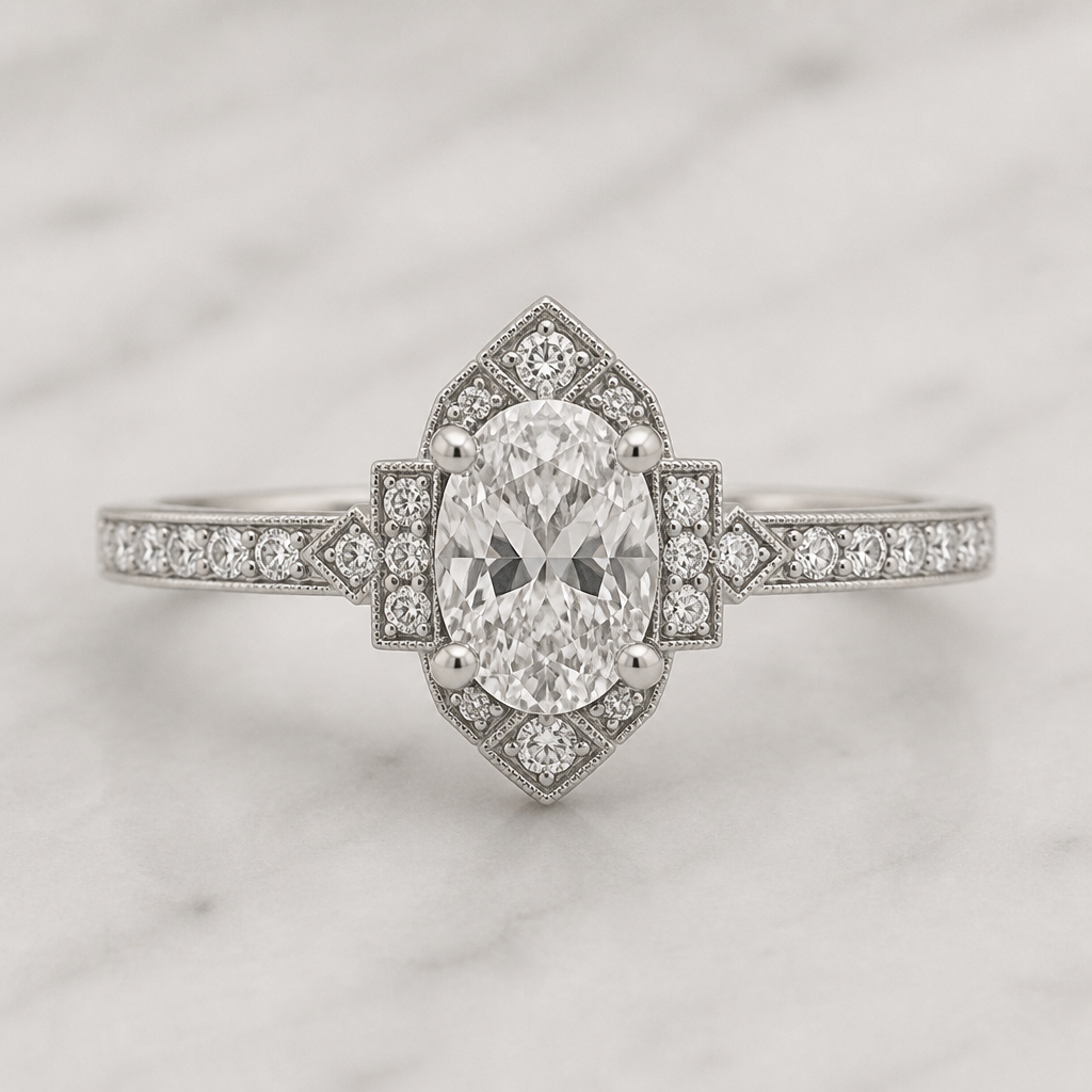 Design me a ring with 1 row pave and oval center stone
photorealistic jewelry design, Design me a ring with 1 row pave and oval center stone , art_deco style, just the design no text