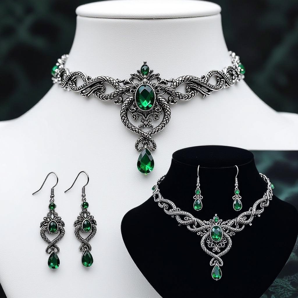 Make a set inspired by the hogwarts house slytherin in the colors green and silver. include a tiara