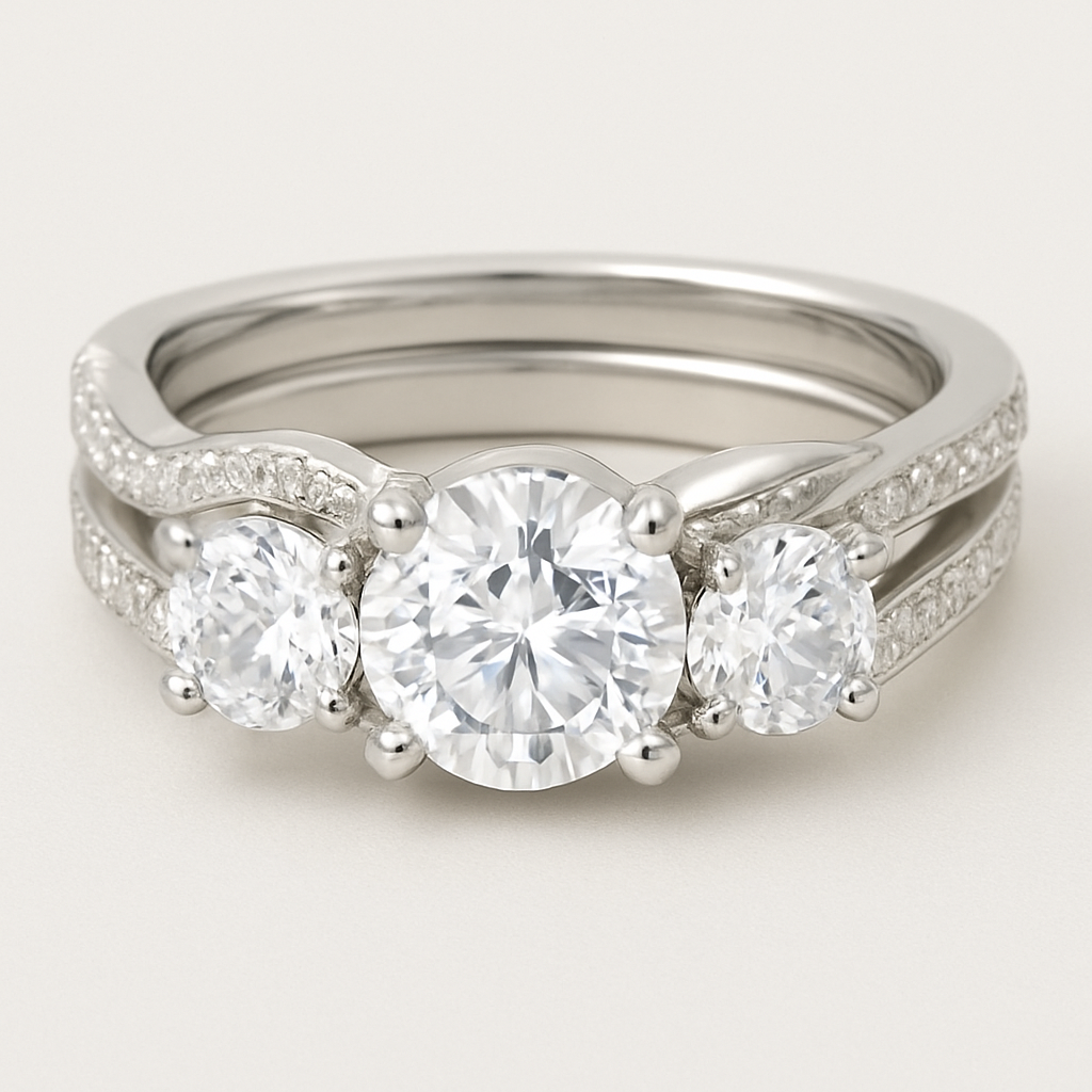 3 stone round 4 carat twisted pave band with wedding band