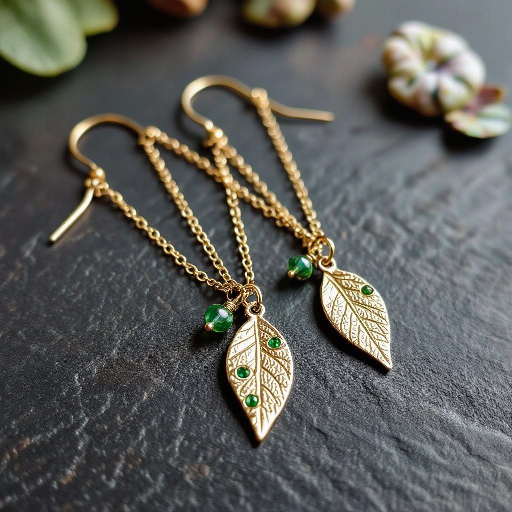 Серьги длинные на цепочках матовое золото мятое. Символ листок с прожилками на нем маленькие зеленые  камушки
