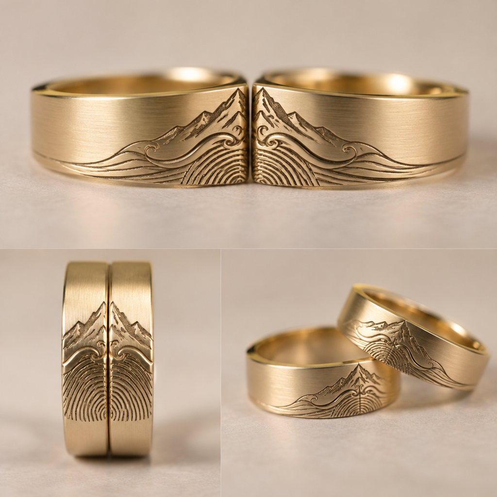A women's ring. algo ya matrimoniales en la parte de arriba van a llevar un dibujo de unas montañas consecuente unas olas y consecuente unas huellas digitales pero el mismo dibujo va a ir en los dos anillos para cuando yo se unan se junten las imágenes en oro anillos matrimoniales
la mitad de la montaña en un anillo y la otra mitad de la otra montaña en el otro anillo y lo mismo con la ola y lo mismo con la huella para cuando se unen las dos mitades forman el dibujo
photorealistic jewelry design, A women's ring. algo ya matrimoniales en la parte de arriba van a llevar un dibujo de unas montañas consecuente unas olas y consecuente unas huellas digitales pero el mismo dibujo va a ir en los dos anillos para cuando yo se unan se junten las imágenes en oro anillos matrimoniales
la mitad de la montaña en un anillo y la otra mitad de la otra montaña en el otro anillo y lo mismo con la ola y lo mismo con la huella para cuando se unen las dos mitades forman el dibujo, modern style, just the design no text