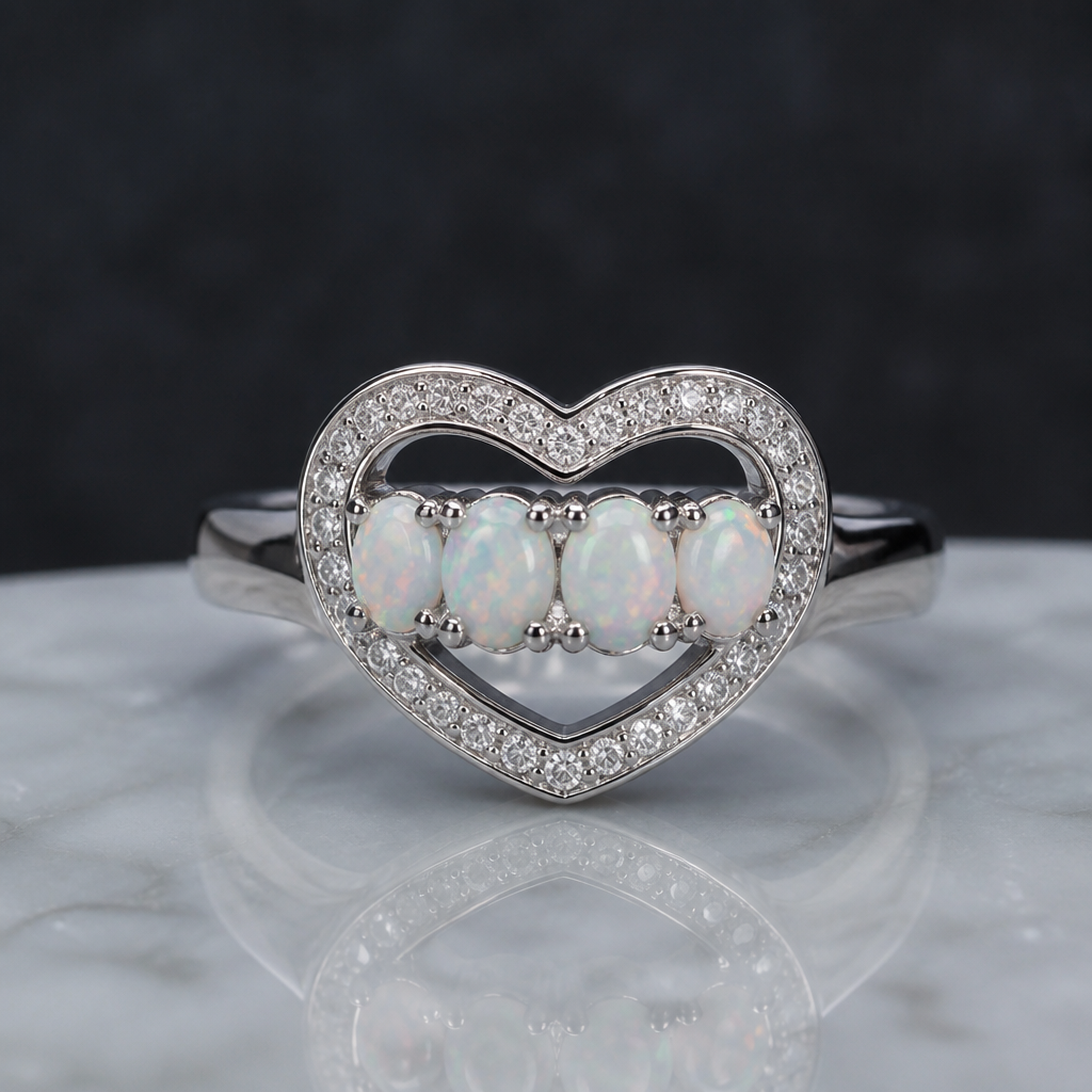 A romantic women's ring made of platinum with opal stones suitable for daily wear. eternity design inside a heart
photorealistic jewelry design, A romantic women's ring made of platinum with opal stones suitable for daily wear. eternity design inside a heart, romantic style, just the design no text
