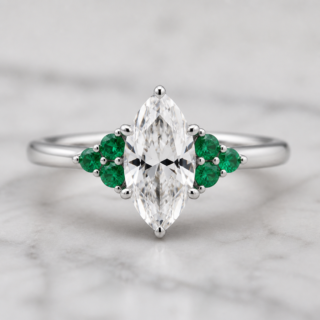 A minimalist women's ring made of platinum with diamond and emerald stones suitable for engagement. 1.5ct Marquise cut white diamond with a four prong setting. with an enhancement ring of three .25ct emeralds on each side (for a total of six) in a triangle formation with two framing the diamond and the third one finishing the triangle
photorealistic jewelry design, A minimalist women's ring made of platinum with diamond and emerald stones suitable for engagement. 1.5ct Marquise cut white diamond with a four prong setting. with an enhancement ring of three .25ct emeralds on each side (for a total of six) in a triangle formation with two framing the diamond and the third one finishing the triangle, minimalist style, just the design no text
